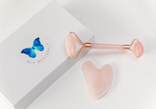 Load image into Gallery viewer, Luxe Rose Quartz and Rose Gold Face Roller and Gua Sha Stone Set