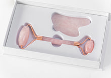 Load image into Gallery viewer, Luxe Rose Quartz and Rose Gold Face Roller and Gua Sha Stone Set