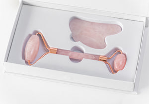 Luxe Rose Quartz and Rose Gold Face Roller and Gua Sha Stone Set